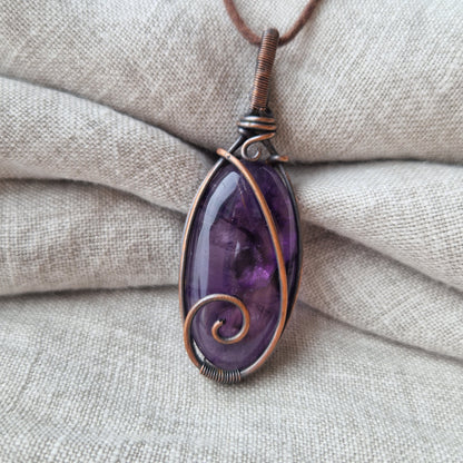 Copper wire wrapped shadow amethyst necklace for loss of a loved one
