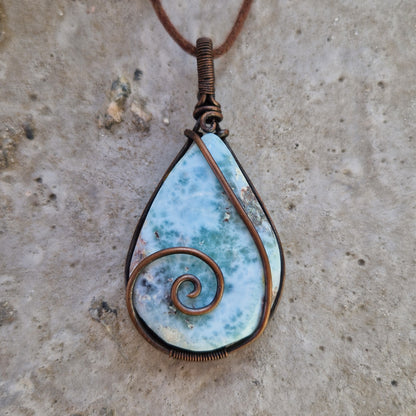 Larimar wire wrapped pendant