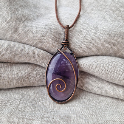 Copper wire wrapped shadow amethyst pendant for loss of a loved one
